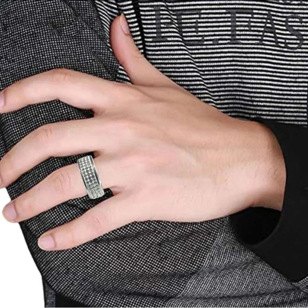 Men's Three Row Crystal Silver Plated Stainless Steel Ring Size 11 New